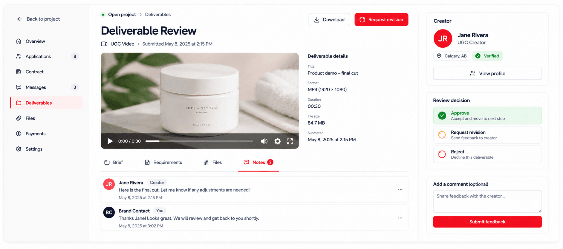Brand reviewing a submitted project deliverable