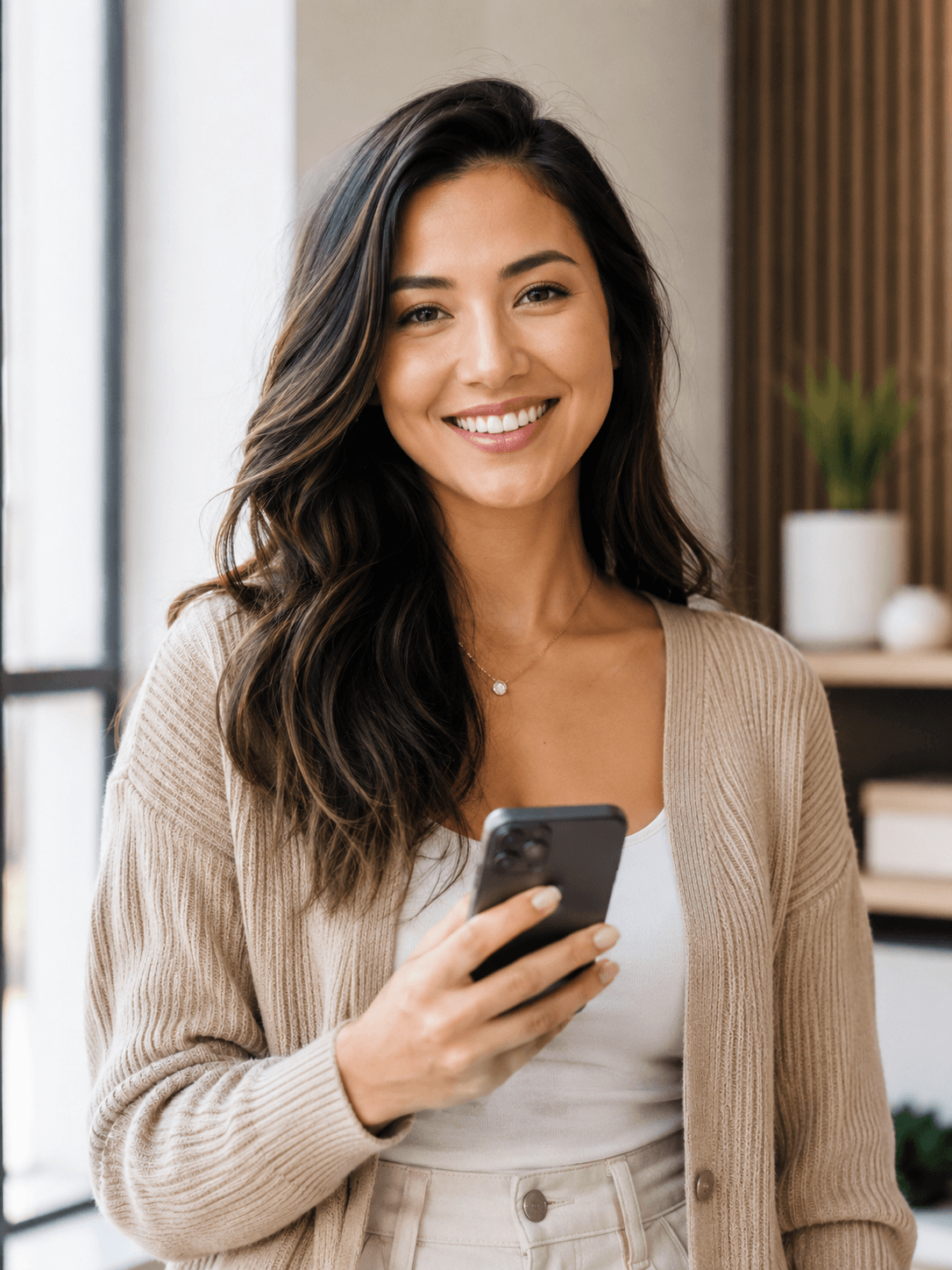 Canadian creator smiling while holding a phone