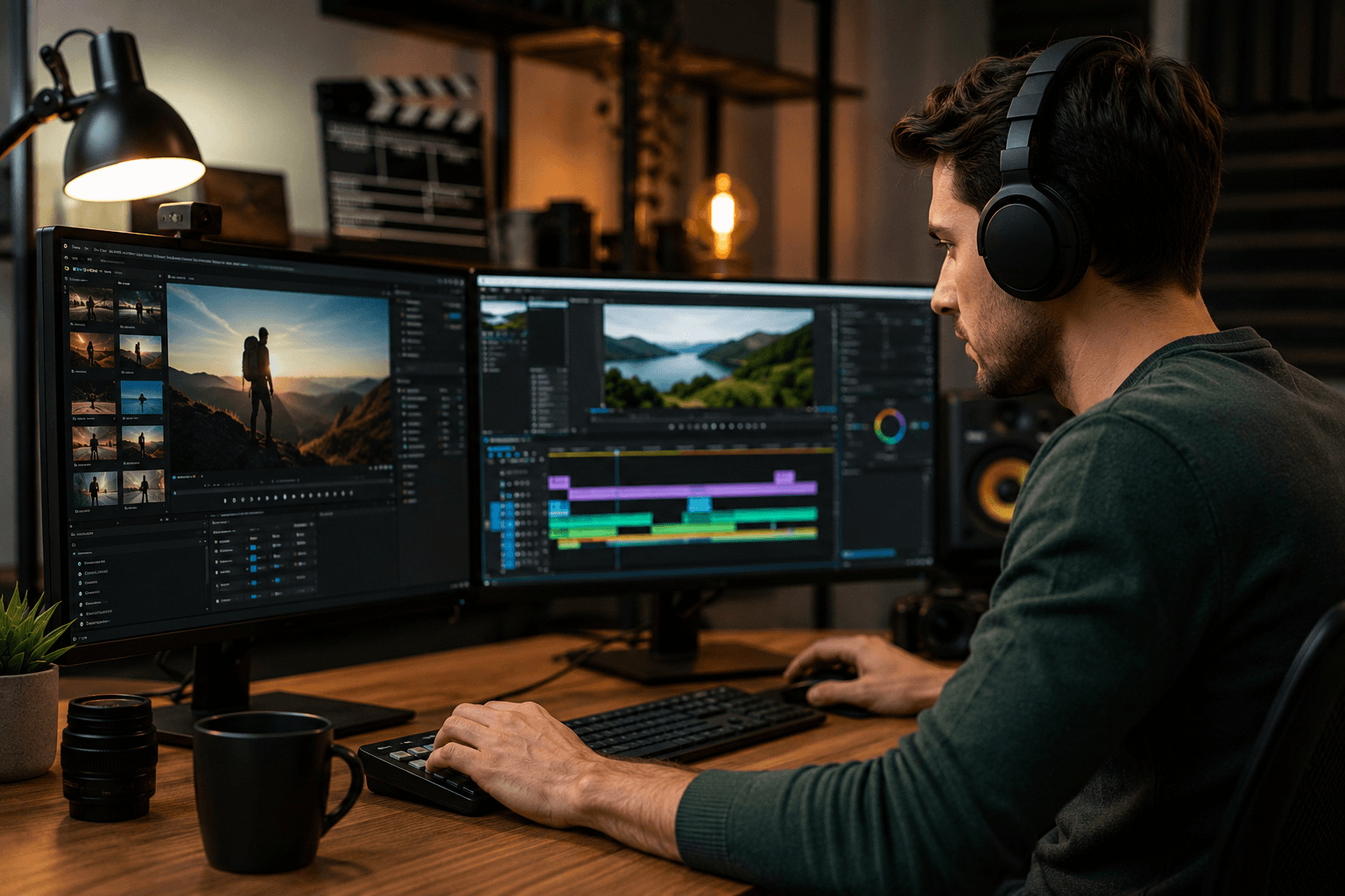 Professional video editor editing marketing and social media content in a post-production studio