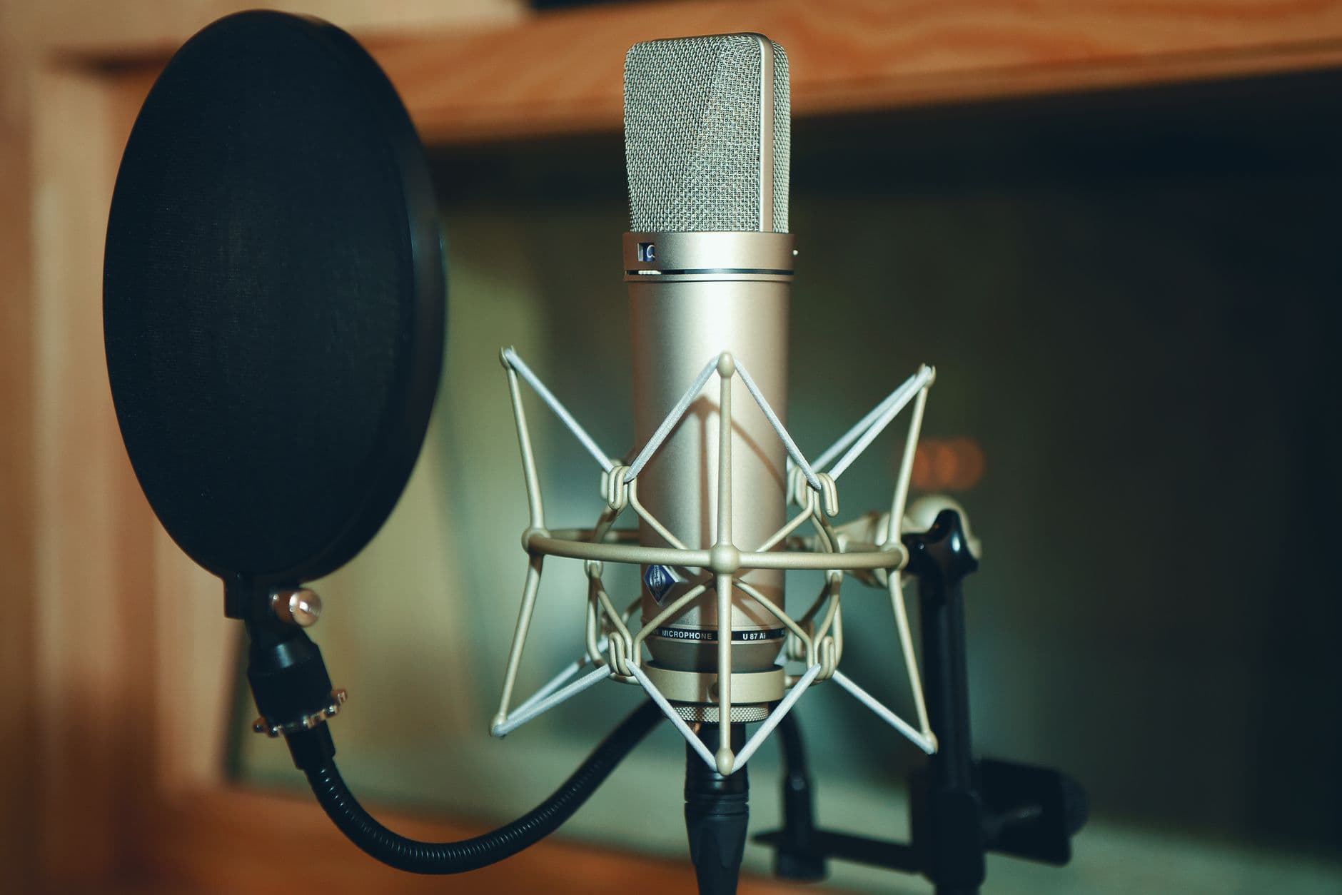 Voice-over talent recording brand narration in a studio