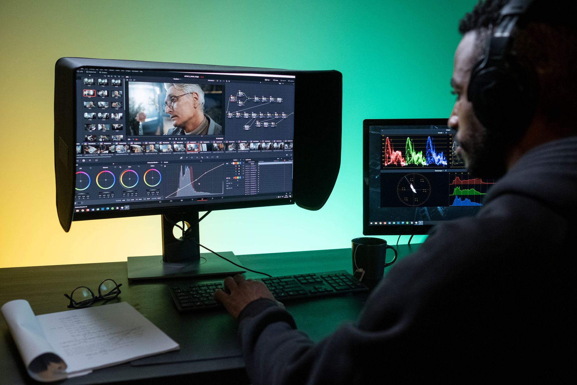 Video editor working on brand content at a professional workstation